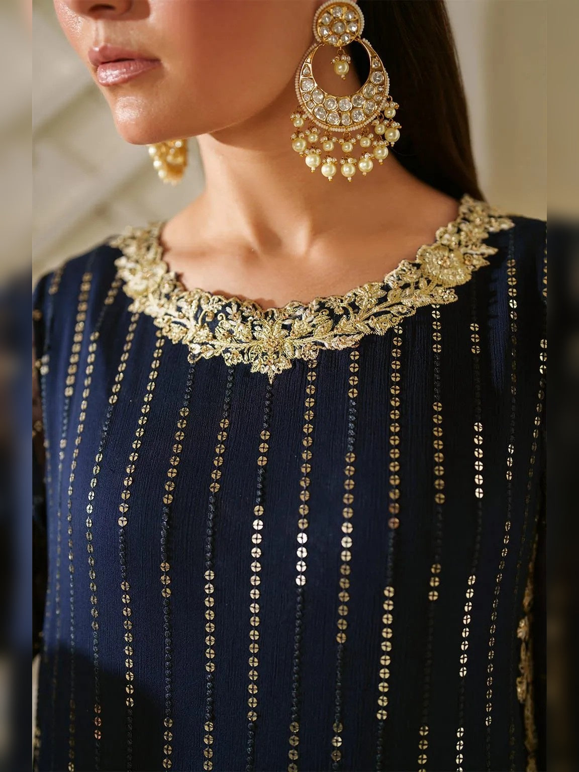 Iznik Replica navy blue chiffon suit gold sequins embroidered neckline close-up