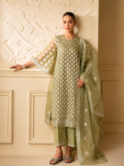Cross Stitch Replica embroidered sage green organza 3pc suit front view