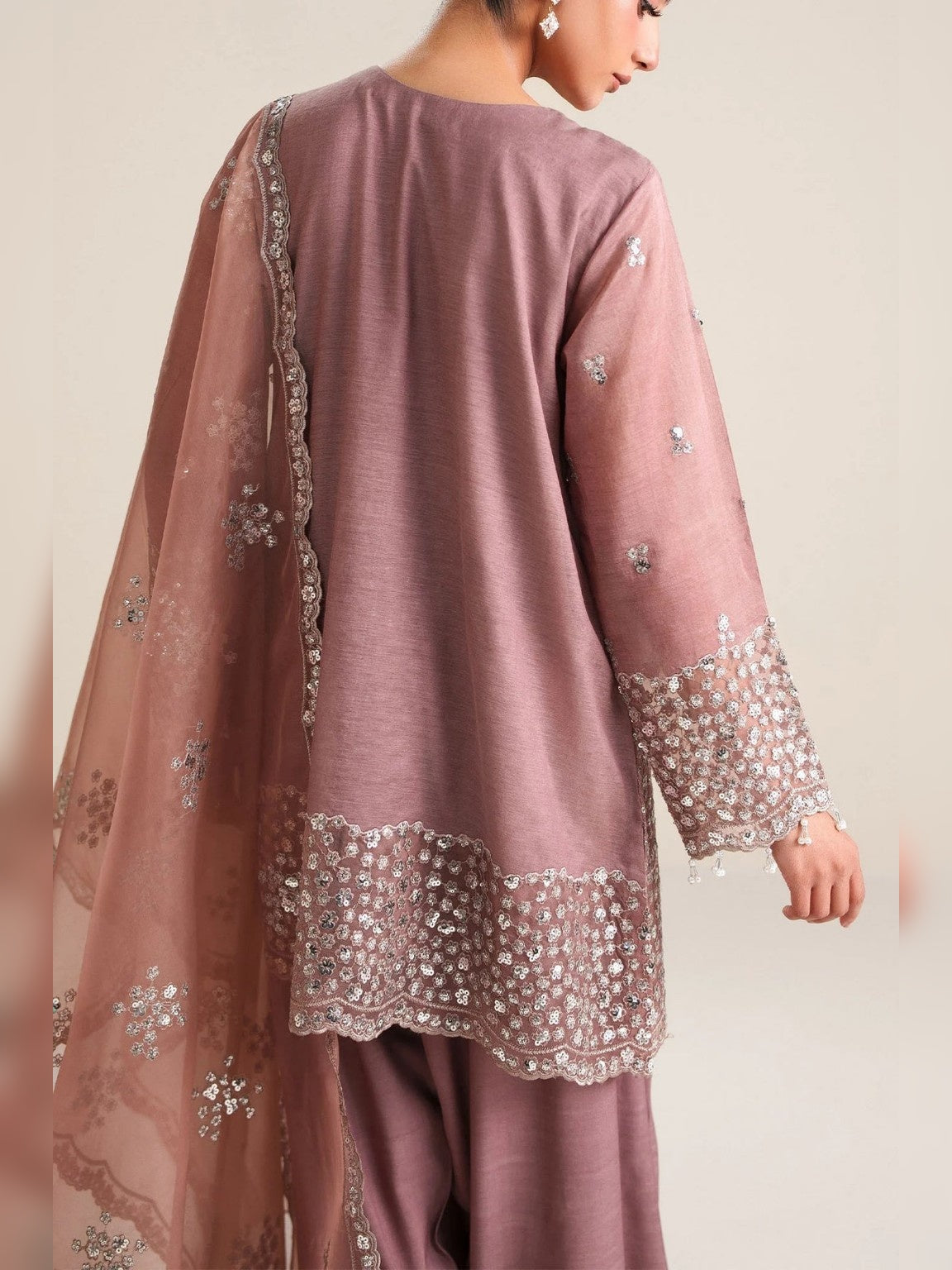Cross Stitch Replica dusty rose cotton silk suit back view with embroidered dupatta