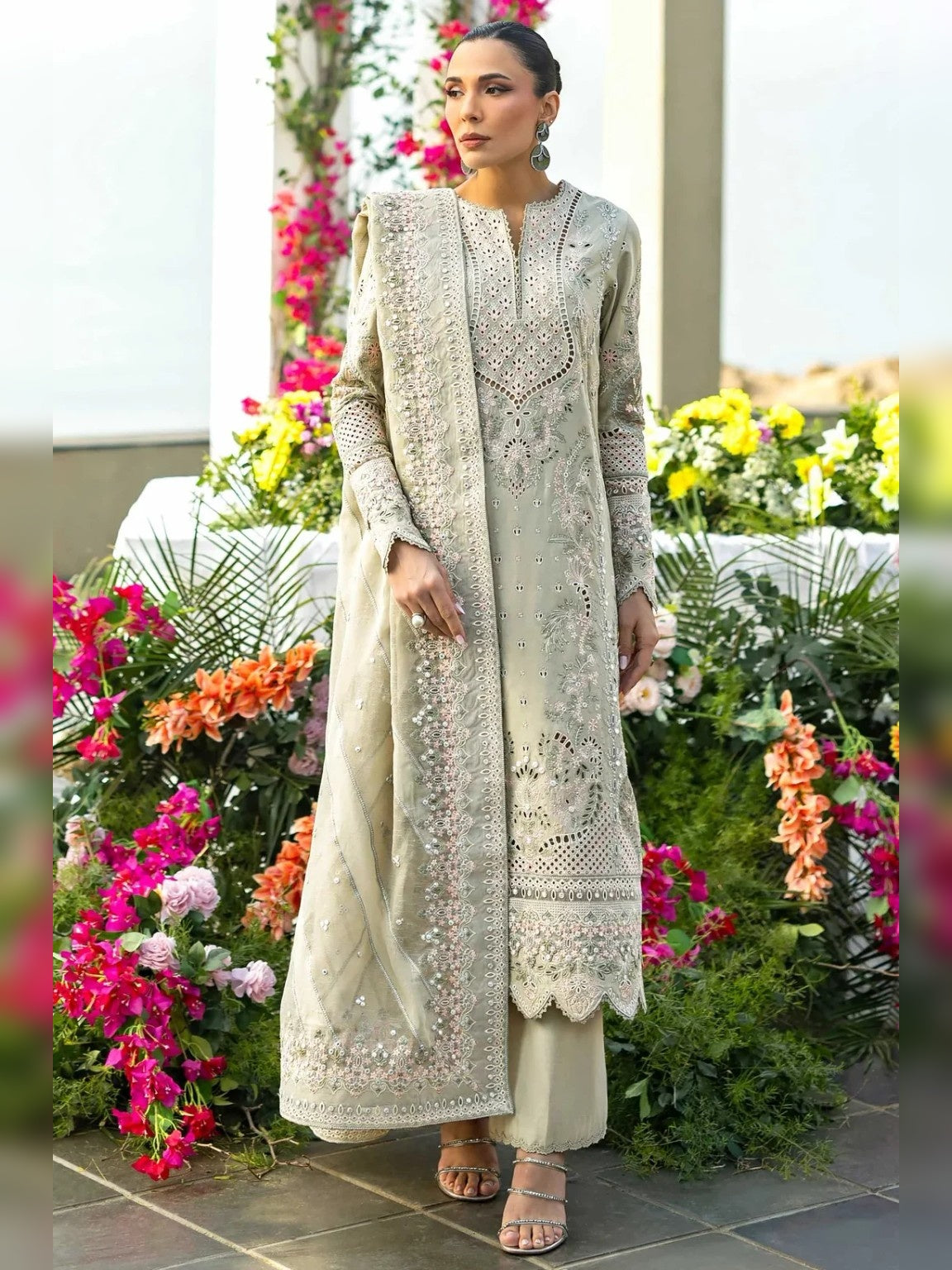 Akber Aslam Replica embroidered beige lawn 3pc suit front view