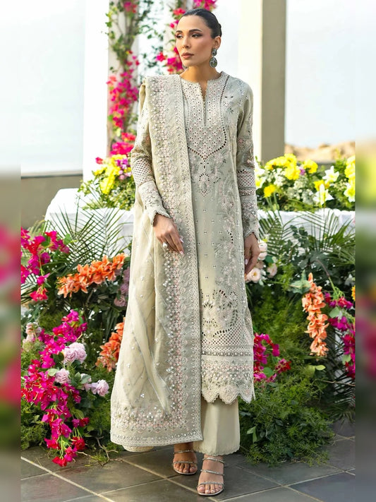 Akber Aslam Replica embroidered beige lawn 3pc suit front view