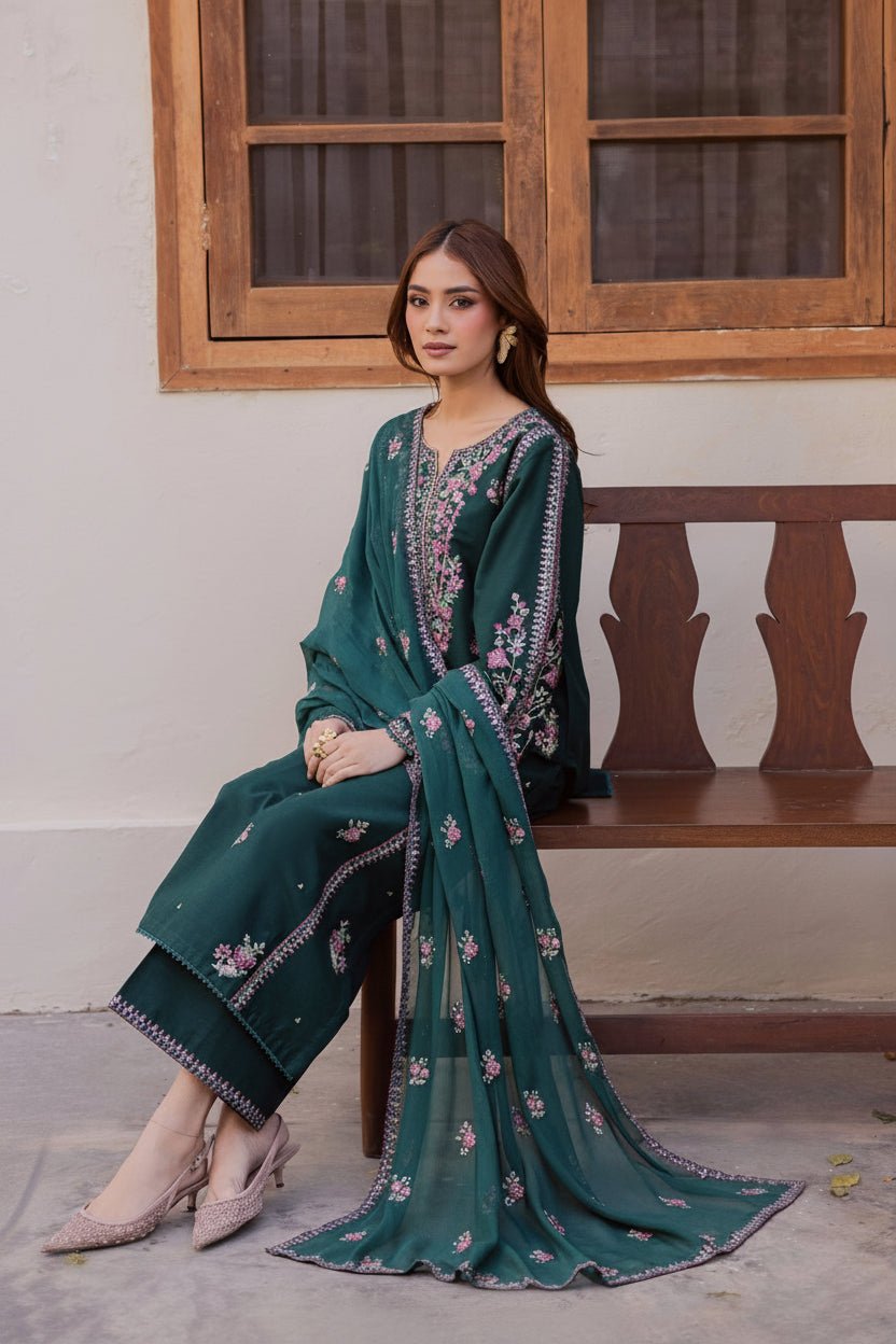 Batik Luxury embroidered teal suit sitting pose with dupatta