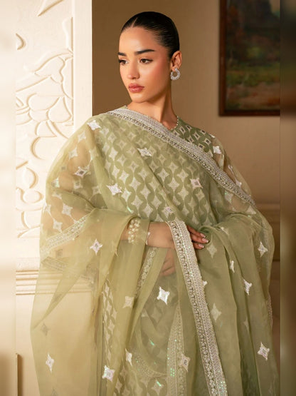 Cross Stitch Replica sage green organza suit with embroidered dupatta