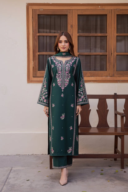 BBatik Luxury embroidered teal green unstitched 3pc suit front view