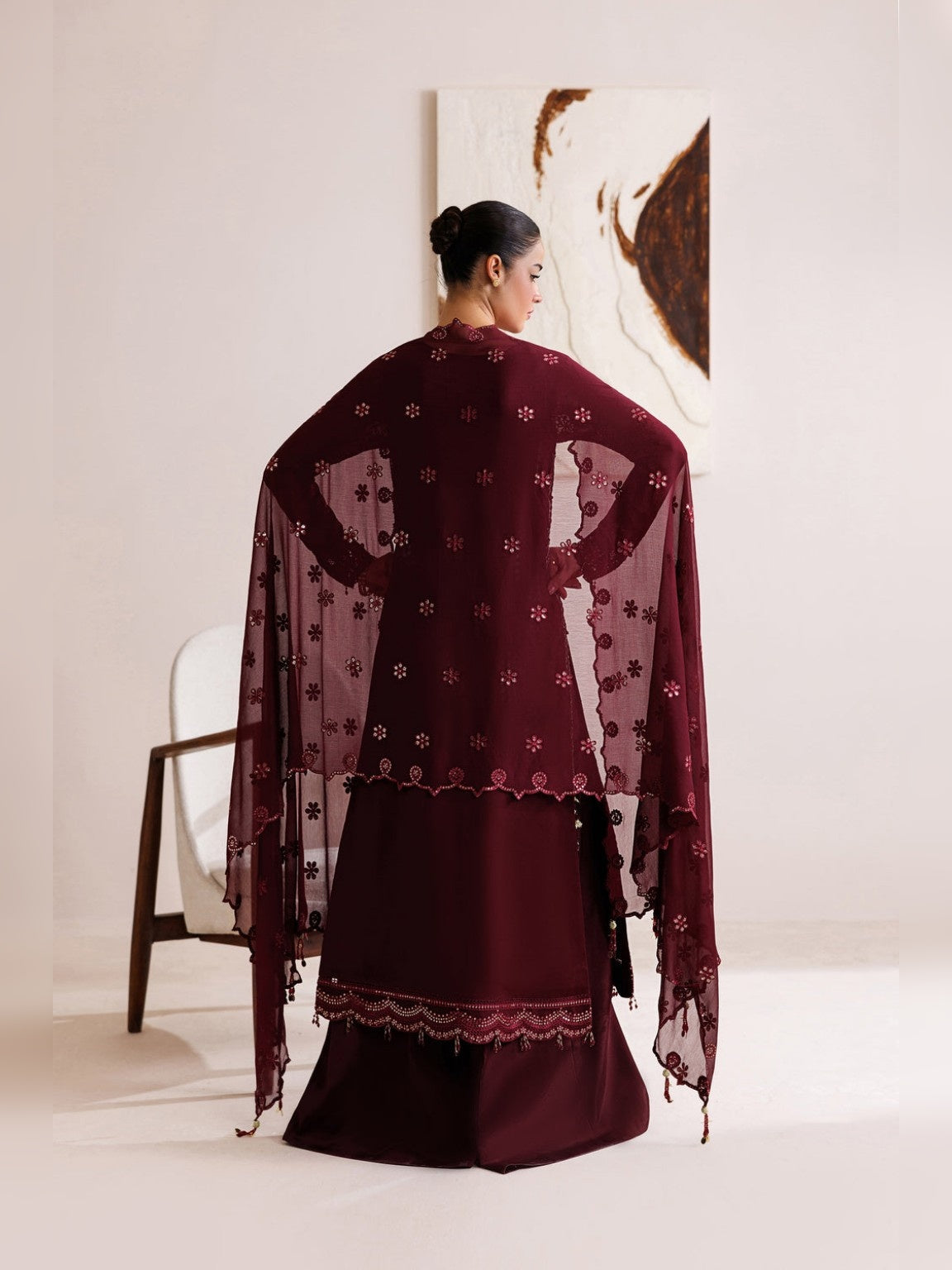 Crimson Replica embroidered chiffon suit back view with dupatta drape