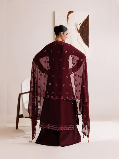 Crimson Replica embroidered chiffon suit back view with dupatta drape