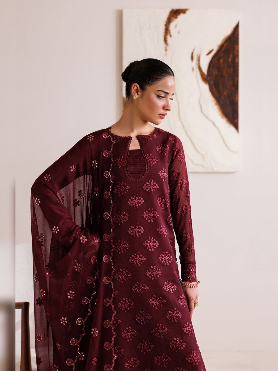 Crimson Replica embroidered chiffon suit front view with printed dupatta