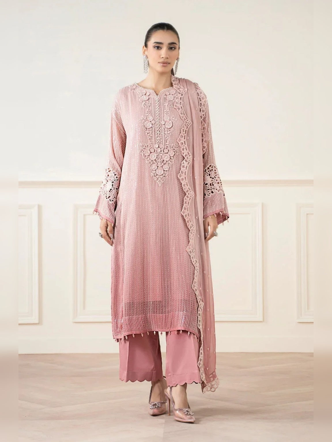 Maria.B Replica sequins embroidered dusty pink chiffon 3pc suit front view