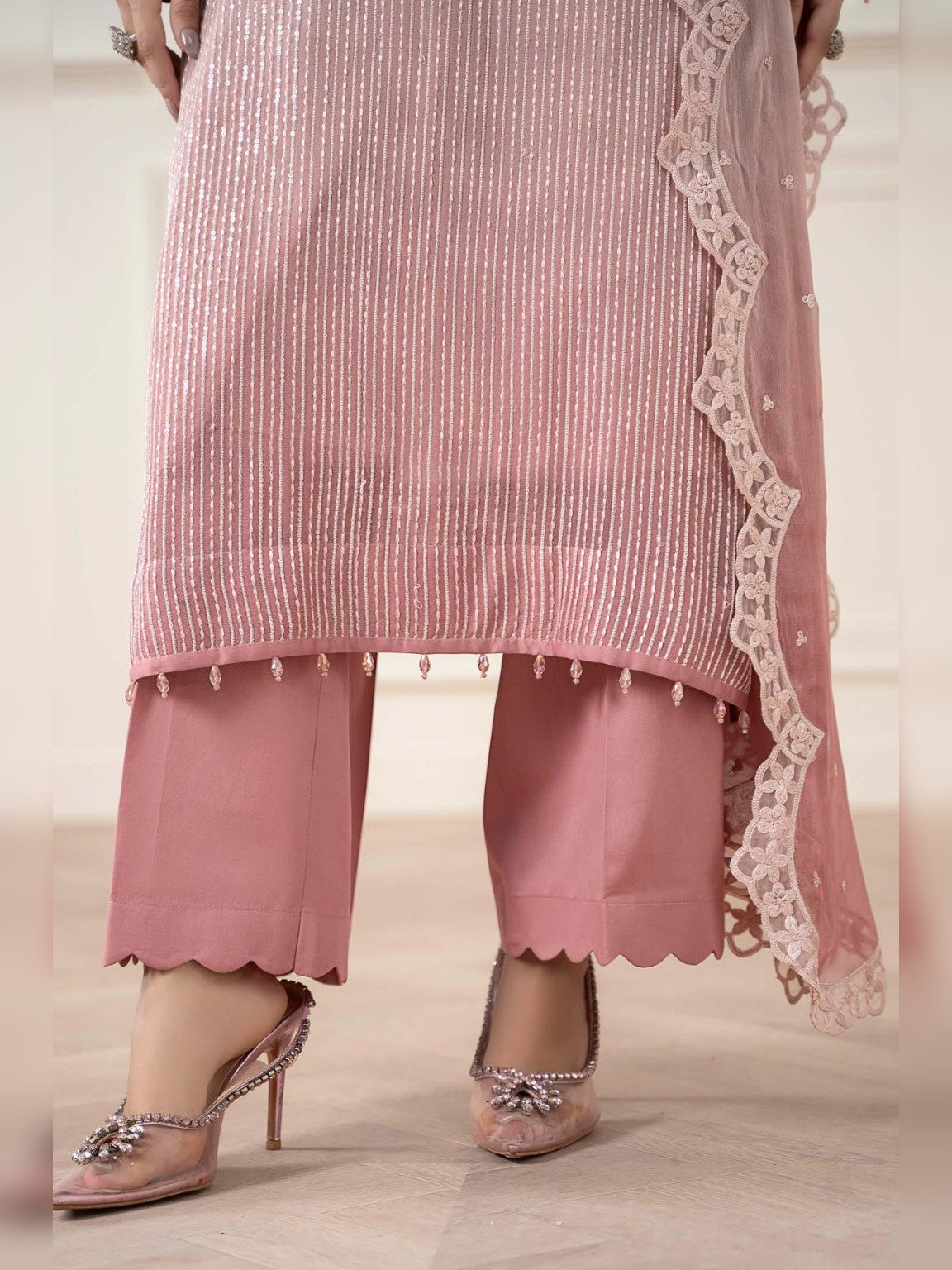 Maria.B Replica chiffon suit scalloped hem and embellished heels close-up