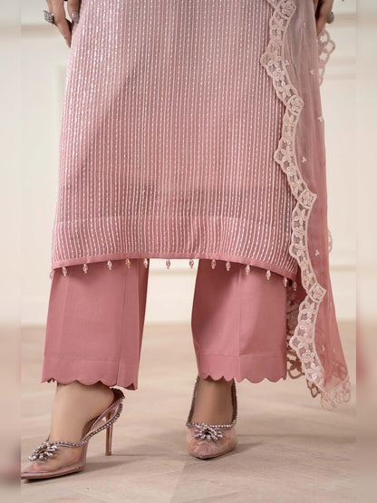 Maria.B Replica chiffon suit scalloped hem and embellished heels close-up