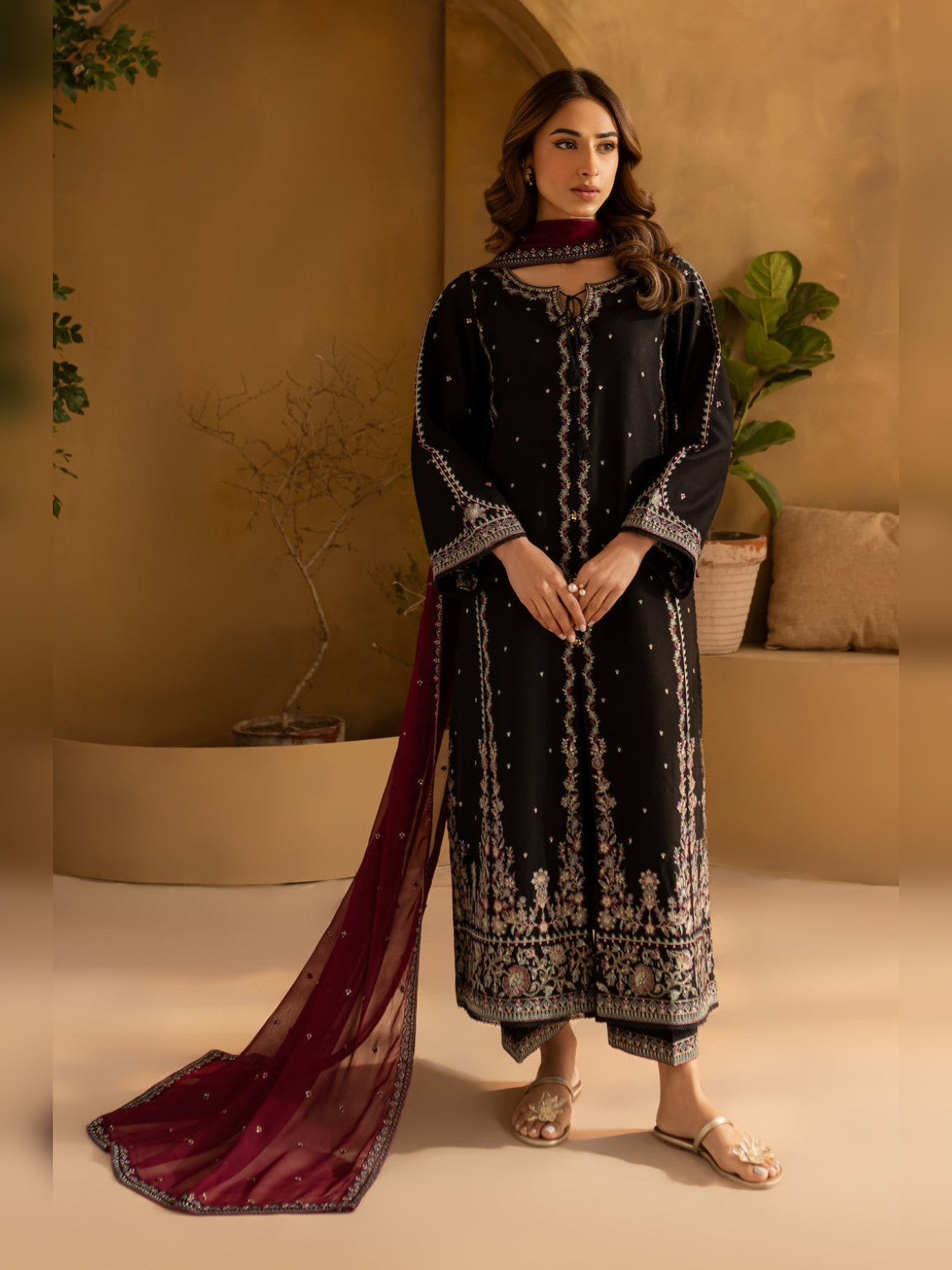 Batik Replica embroidered black cotton silk 3pc suit front view