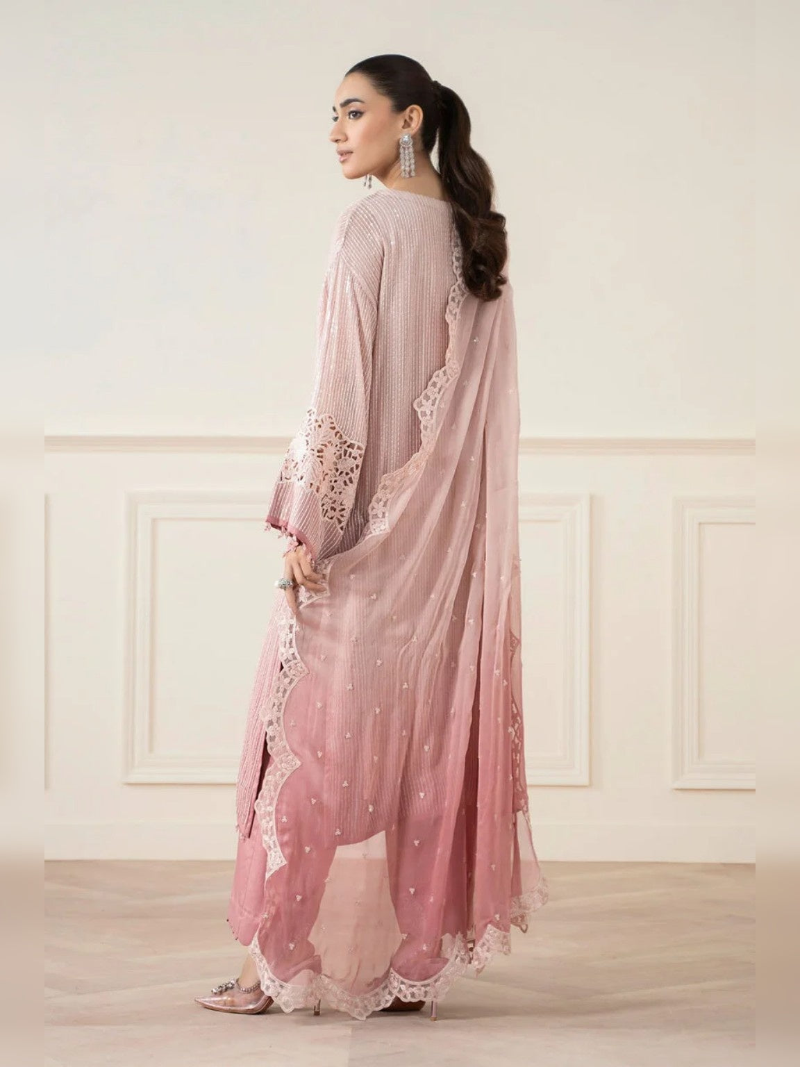 Maria.B Replica dusty pink chiffon suit back view with dupatta
