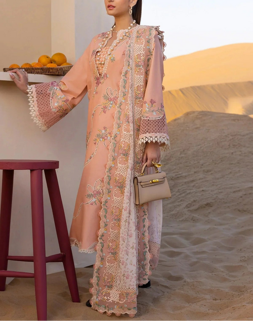 -Embroidered 3 Piece Chikankari Lawn Dress With Printed Munar Dupatta.