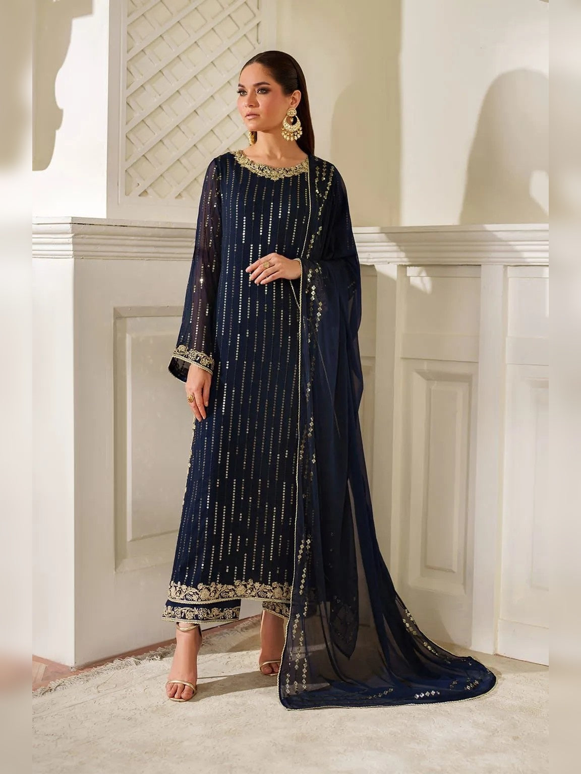 Iznik Replica sequins embroidered navy blue chiffon 3pc suit front view