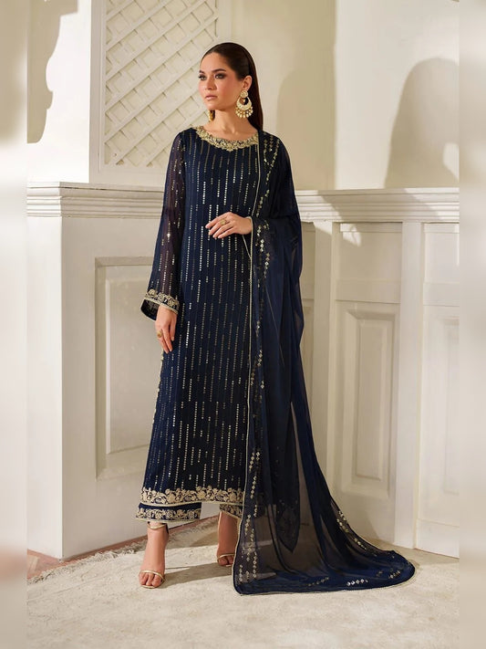 Iznik Replica sequins embroidered navy blue chiffon 3pc suit front view