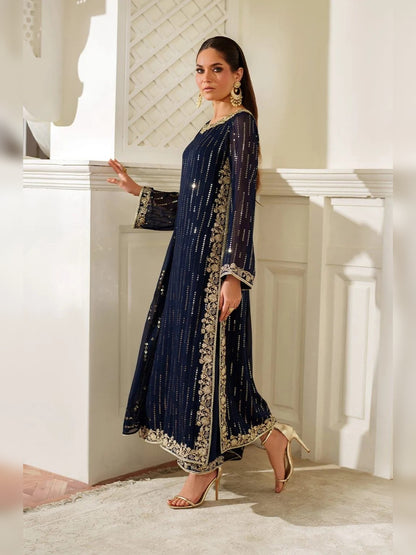Iznik Replica navy blue sequins embroidered chiffon 3pc suit front view