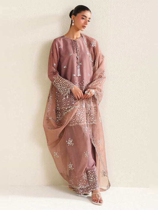 Cross Stitch Replica embroidered dusty rose cotton silk 3pc suit front view