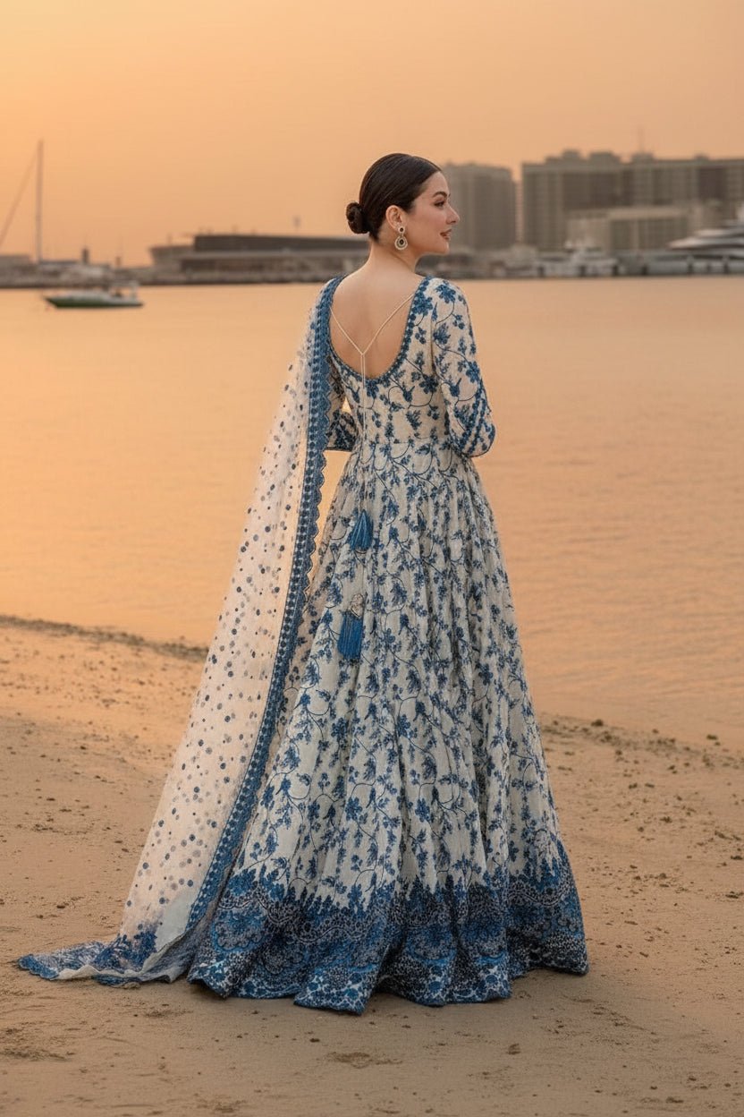 Faiza Saqlain Replica ivory blue floral gown back view