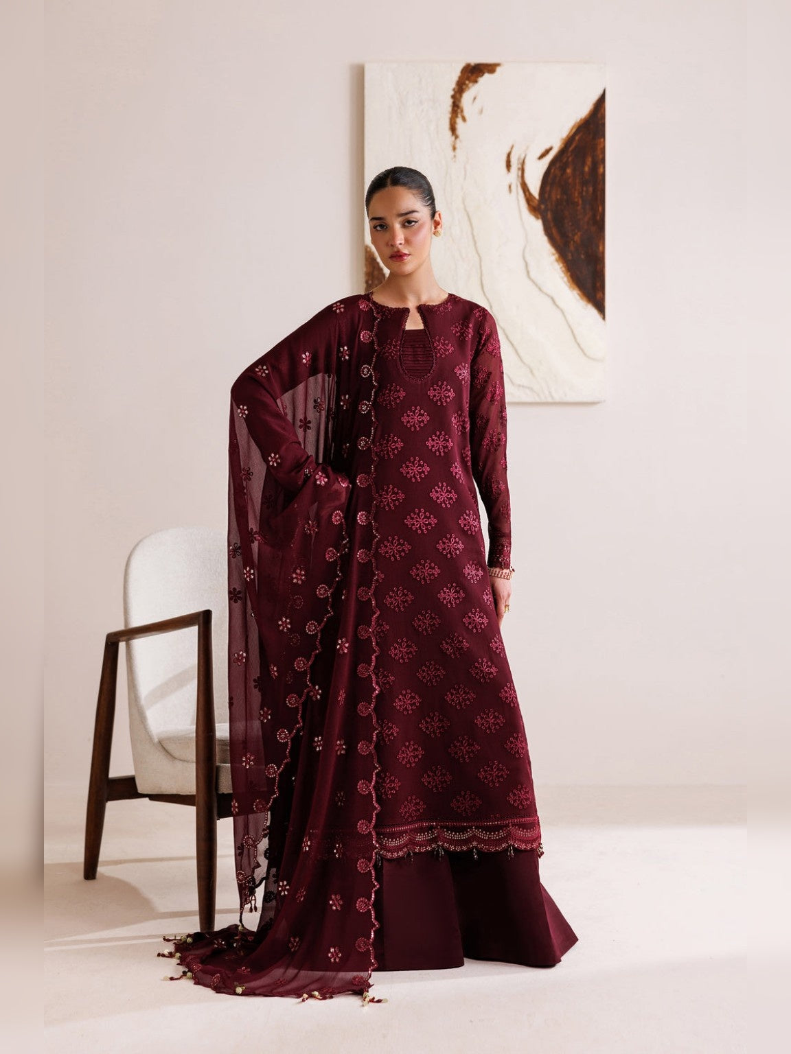 Crimson Replica embroidered maroon chiffon 3pc suit front view