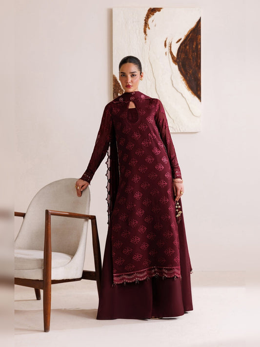 Crimson Replica embroidered maroon chiffon 3pc suit front view