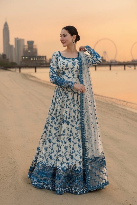 Faiza Saqlain Replica embroidered ivory blue floral gown front view