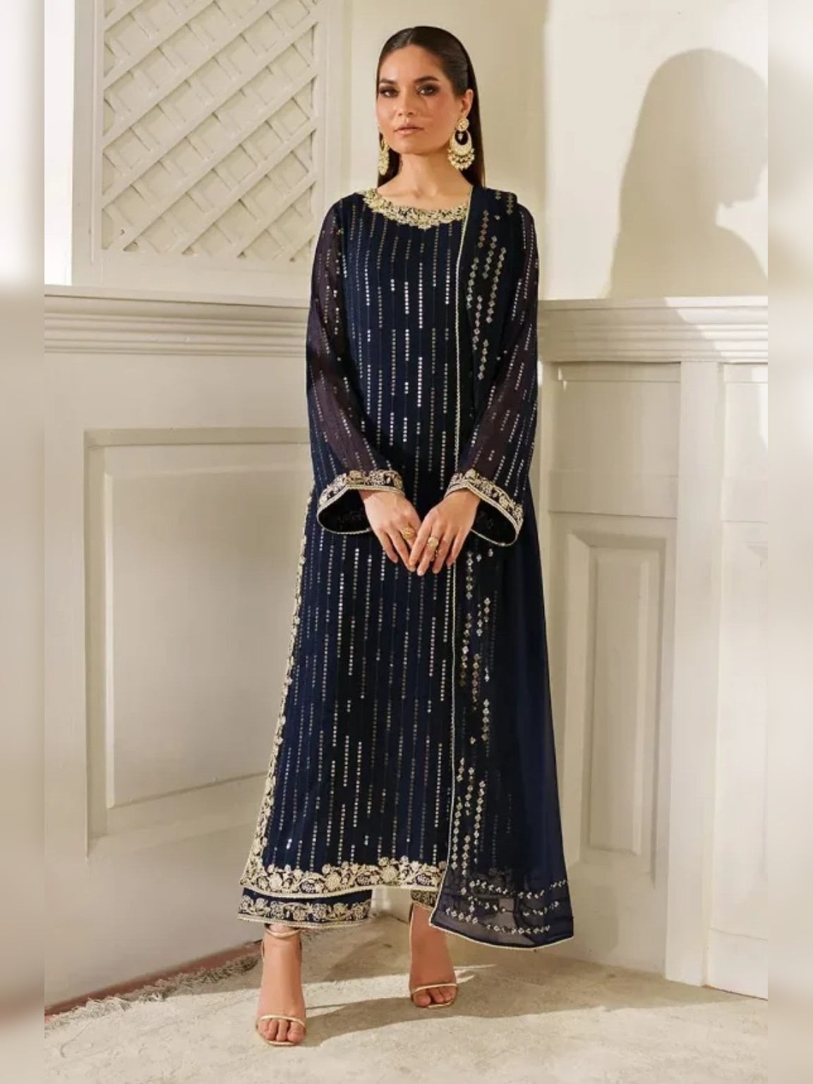 Iznik Replica sequins embroidered navy blue chiffon 3pc suit front view