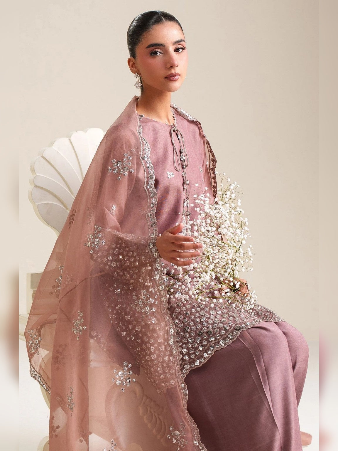 Cross Stitch Replica dusty rose suit sitting pose with embroidered dupatta