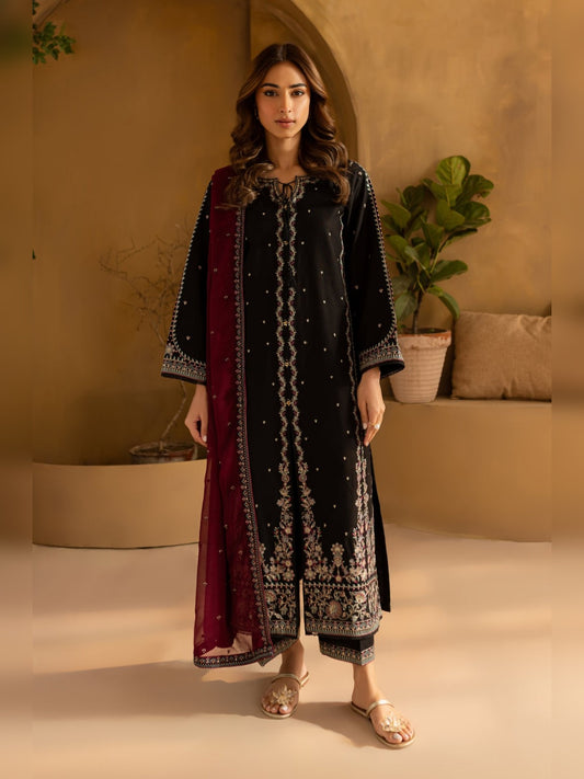 Batik Replica embroidered black cotton silk 3pc suit front view