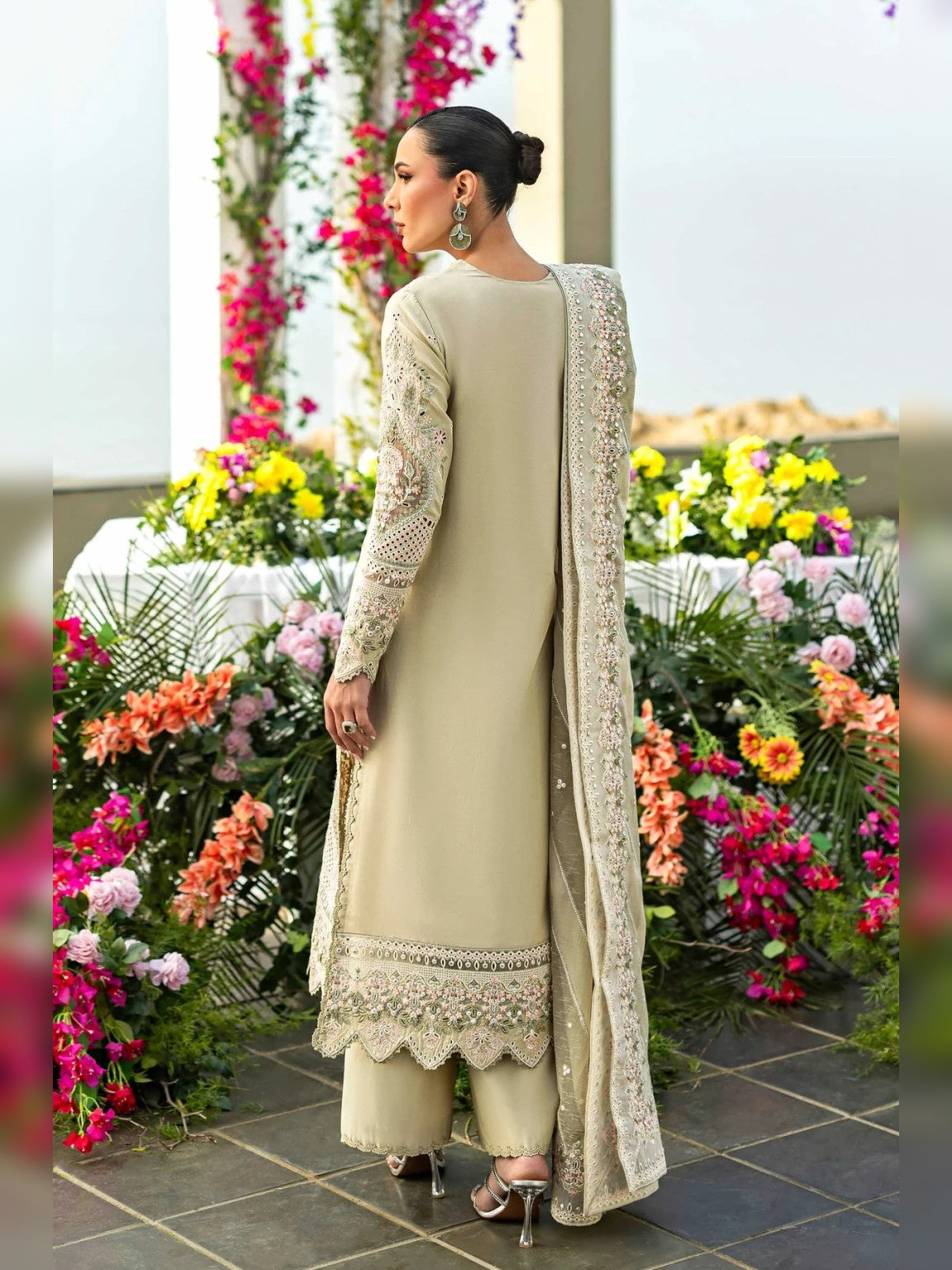 Akber Aslam Replica embroidered lawn suit back view with embroidered dupatta
