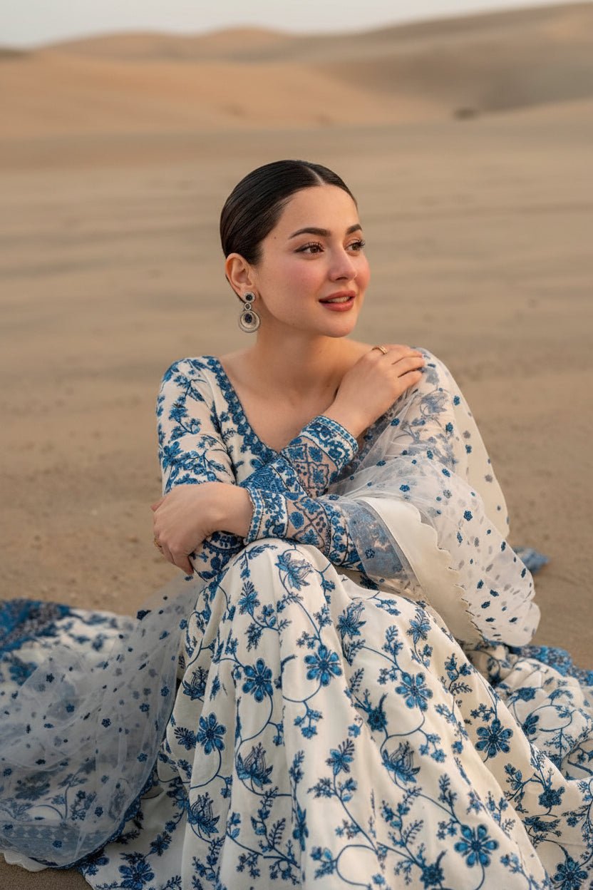 Faiza Saqlain Replica floral embroidered gown sitting pose close-up