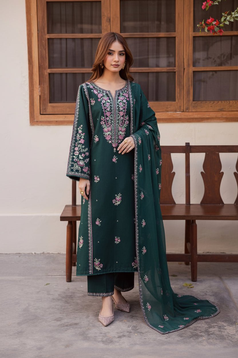 Batik Luxury embroidered teal green suit with floral embroidery