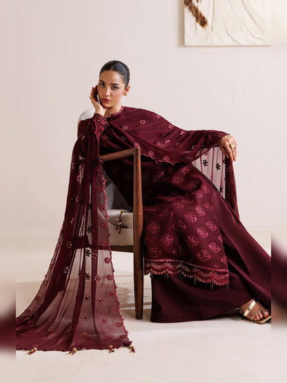 Crimson Replica embroidered chiffon suit sitting pose with dupatta