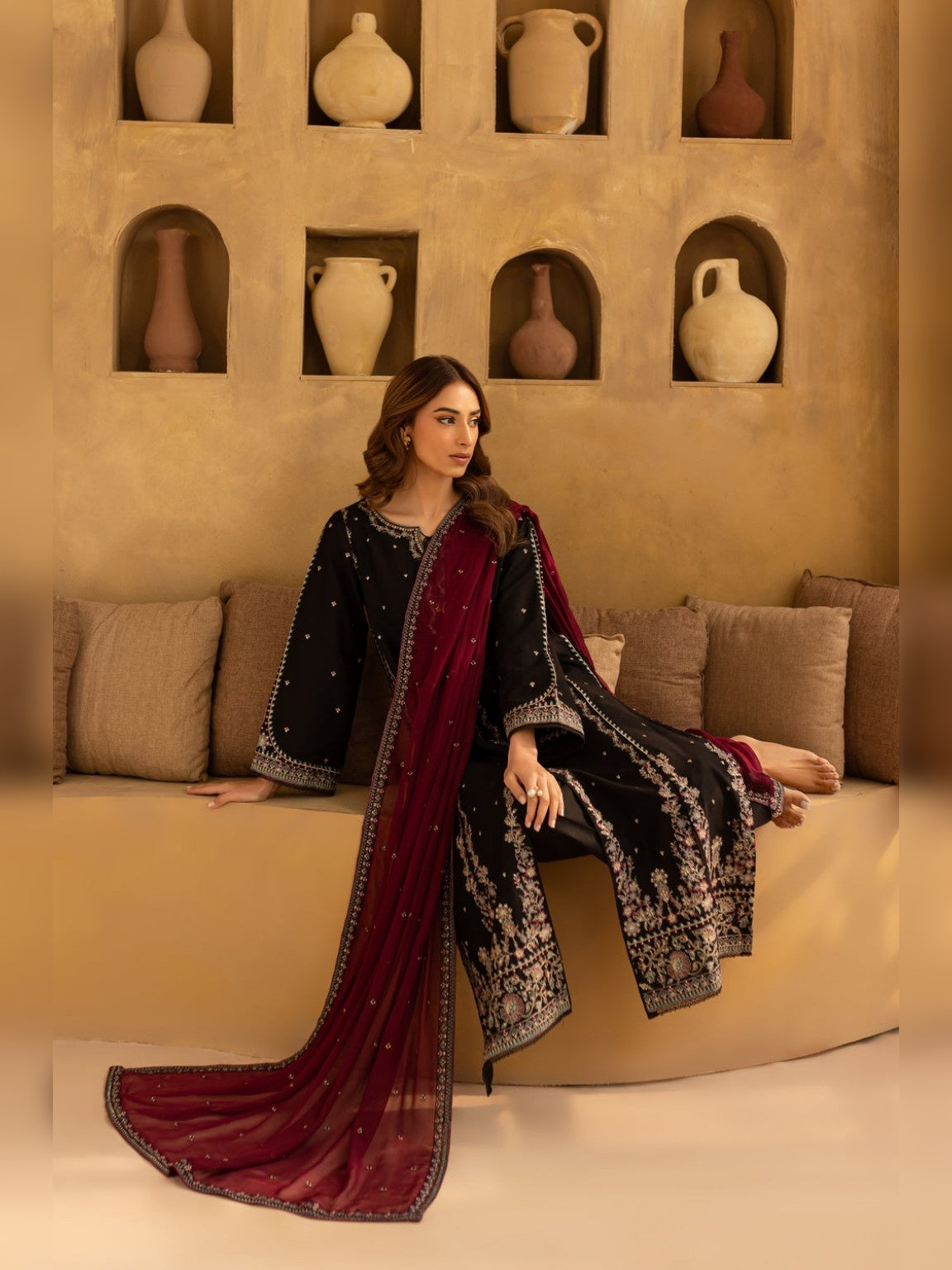 Batik Replica black cotton silk suit sitting pose with maroon dupatta