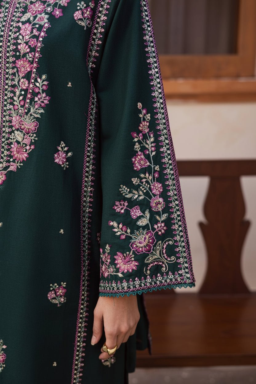 Batik Luxury unstitched suit floral embroidery sleeve close-up